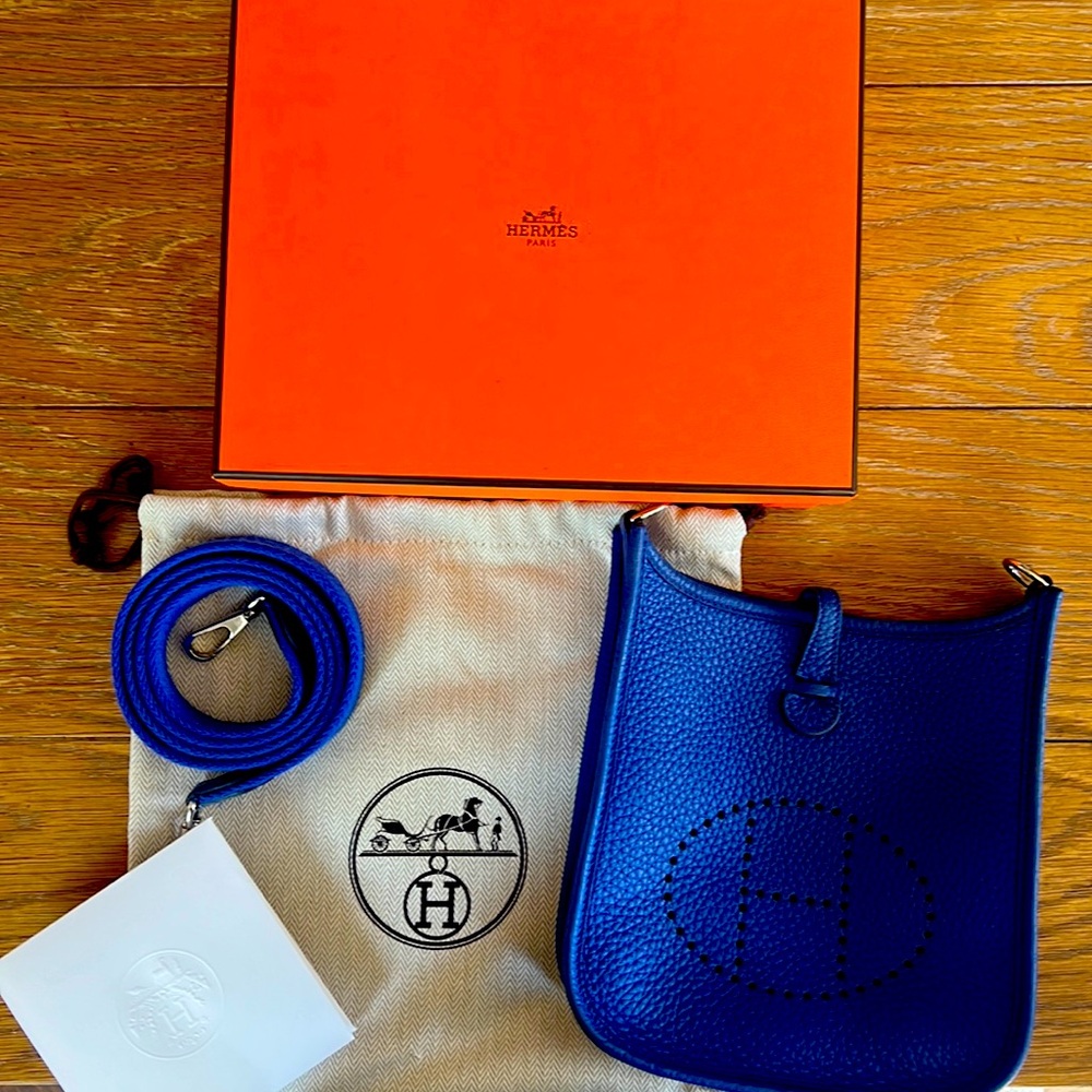HERMES MINI EVELYNE- bleu royal. gently used a few times. price firm